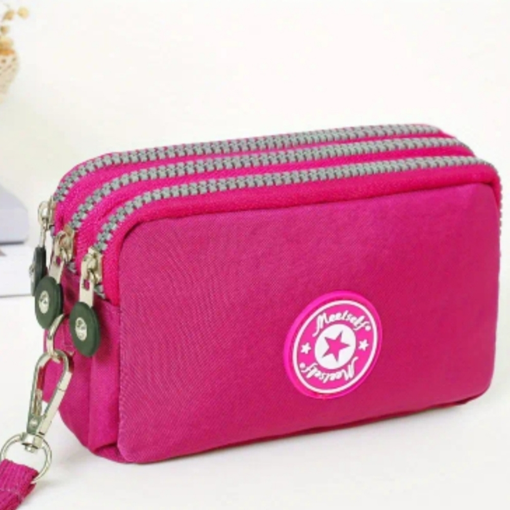 💖 BARBIE PINK Wallet Case Zipper 3 Compartment Hand Strap Nylon L👀K 💖